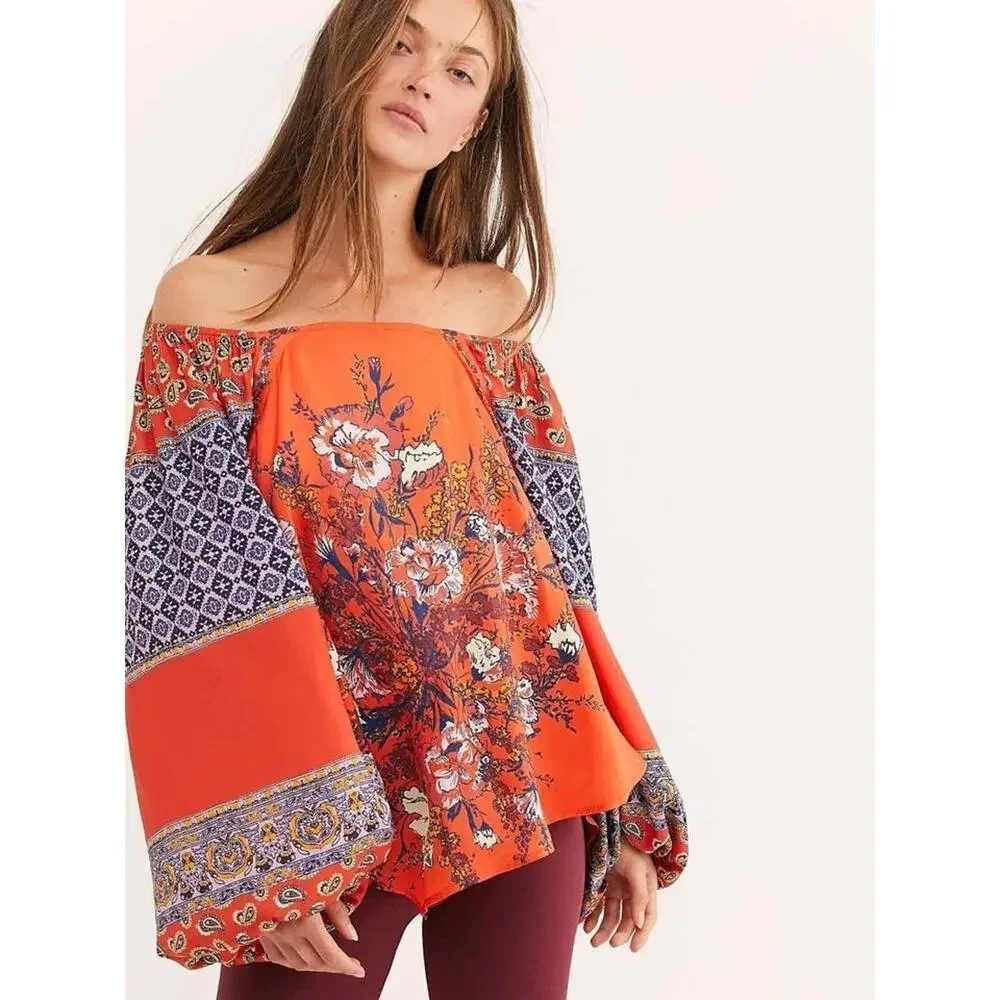 Free People Positano Womens Small Cherry Floral Boho Blouse Balloon Sleeve NWT